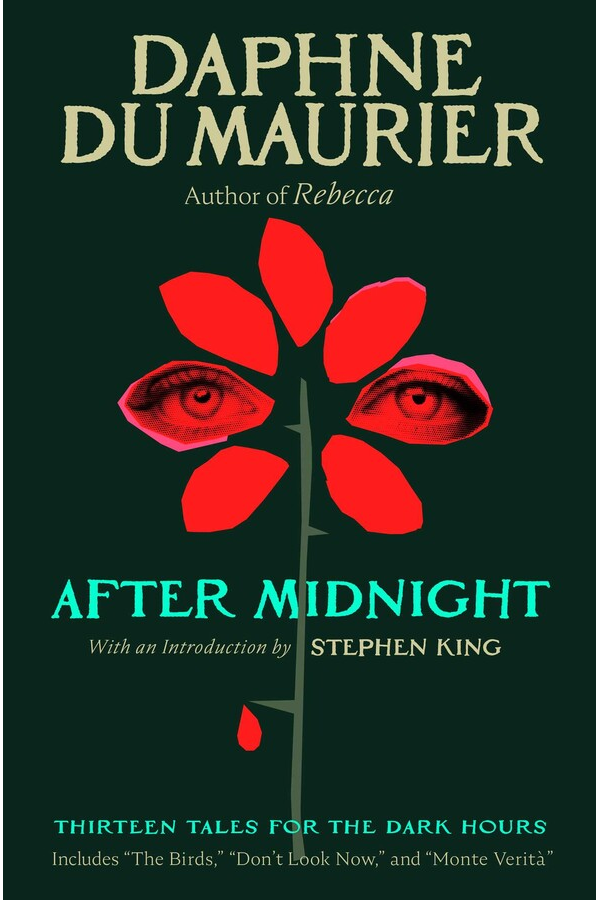 After Midnight book cover, with the eyes of a woman peering through a red flower.