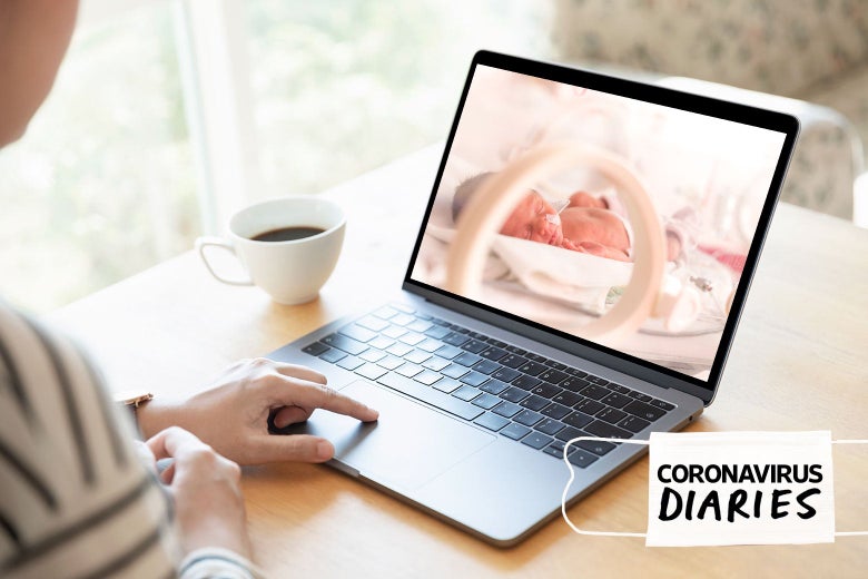 A woman looks at a baby in the NCIU via Zoom.