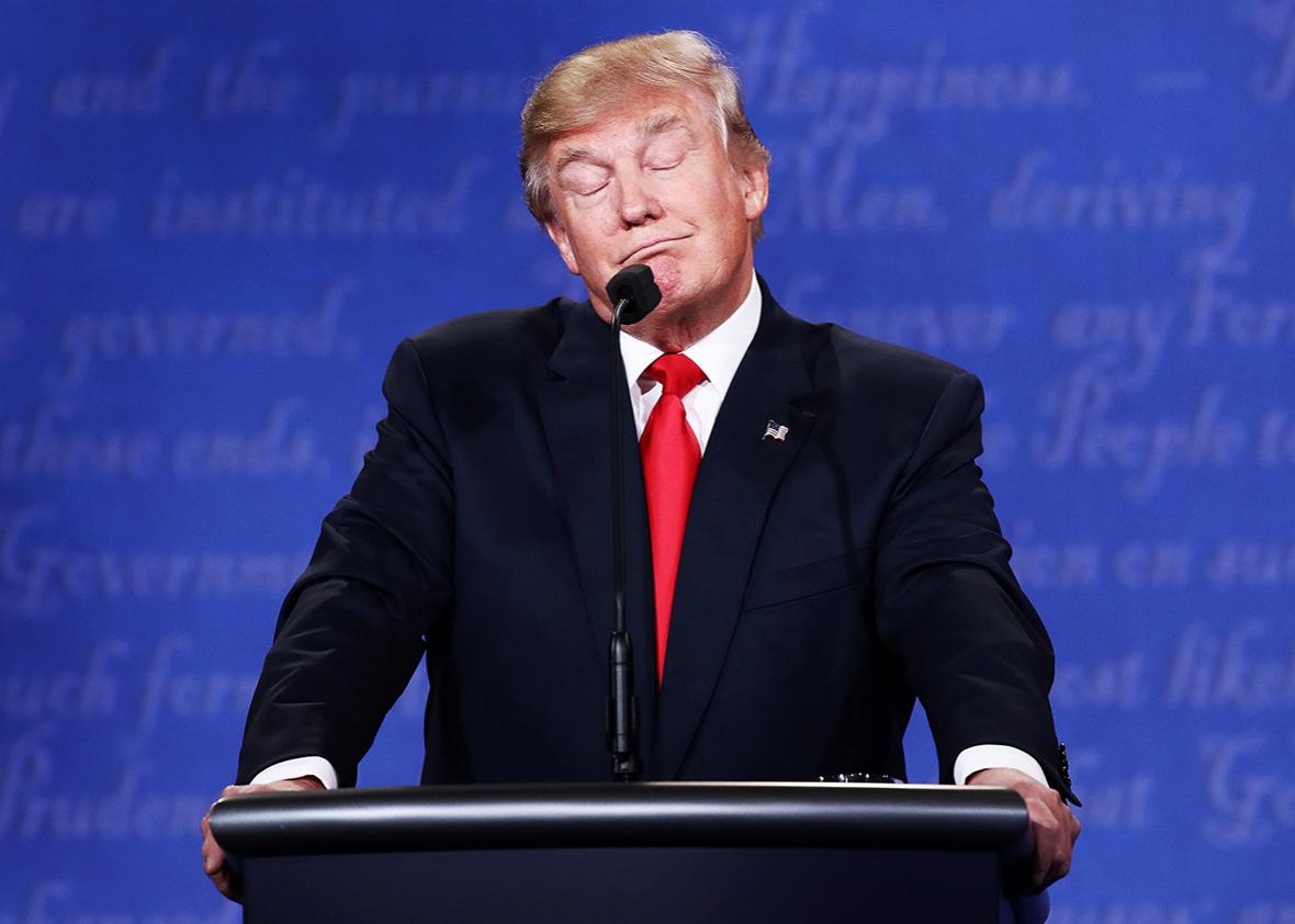 Republican presidential nominee Donald Trump gestures as he speaks during the third U.S. presidential debate at the Thomas & Mack Center on October 19, 2016 in Las Vegas, Nevada. 