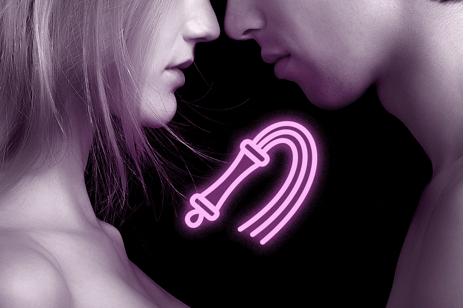 A naked man and woman hold their faces close to each other. A neon whip glows between them.
