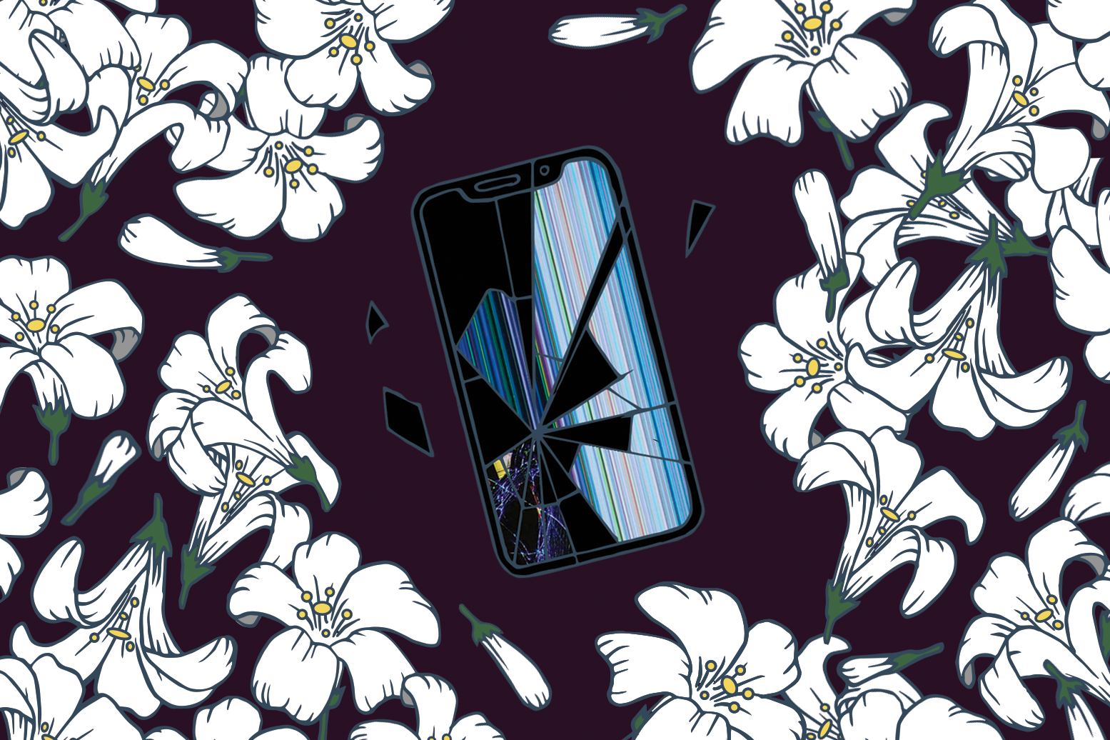Flowers surround a cracked smartphone screen
