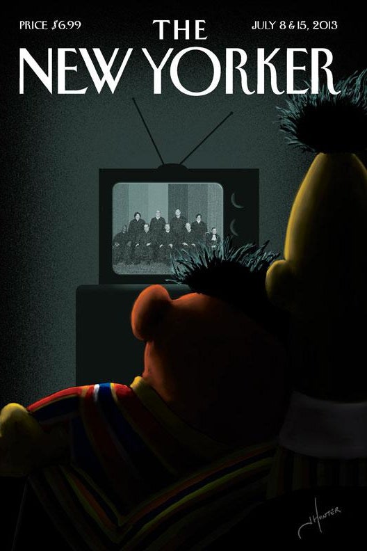 The New Yorker cover from July 8 and 15, showing Bert and Ernie with their arms around each other from behind on the couch seeing the robed justices on their TV