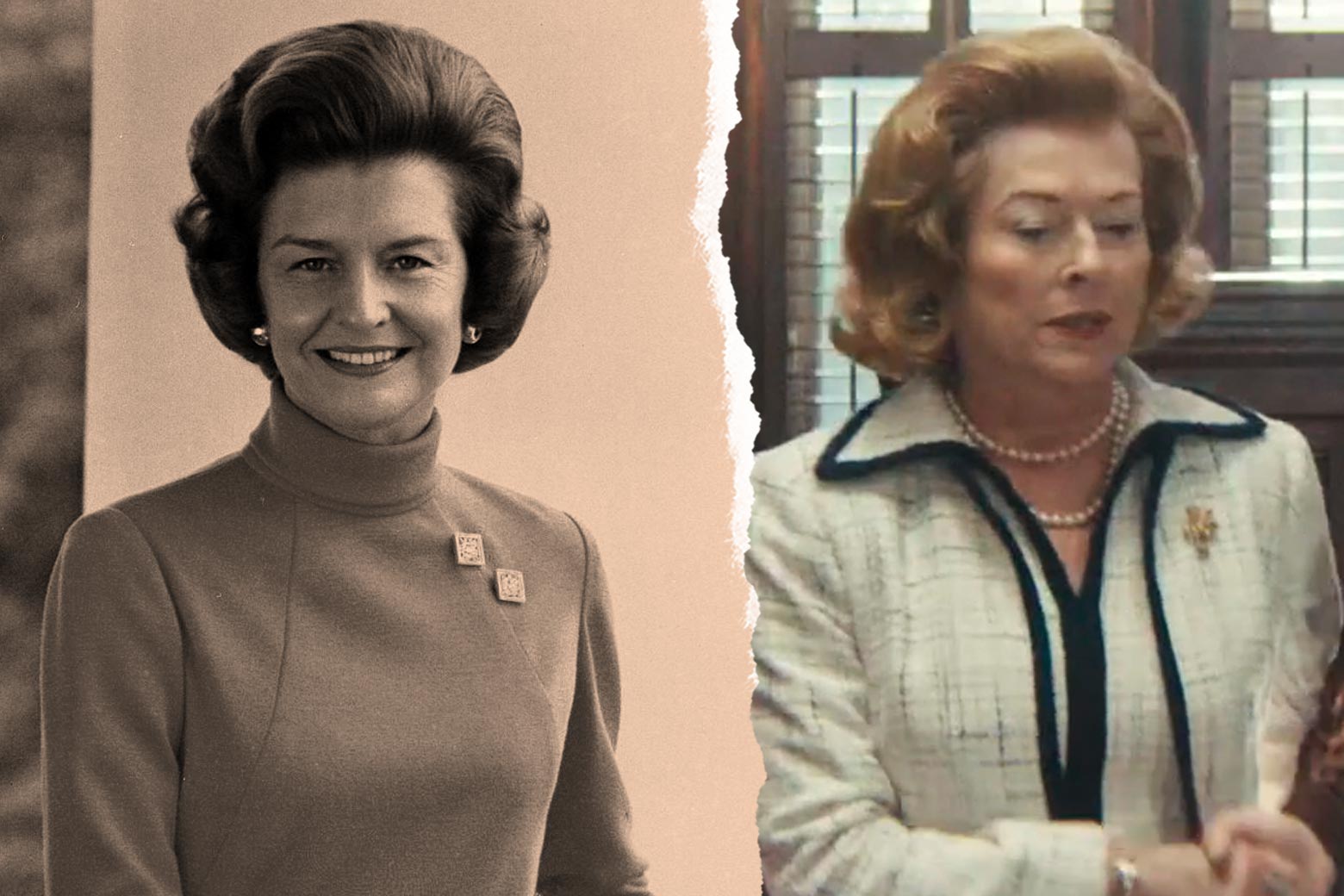 Side-by-side photos of Betty Ford and Lori Hallier as Betty Ford.