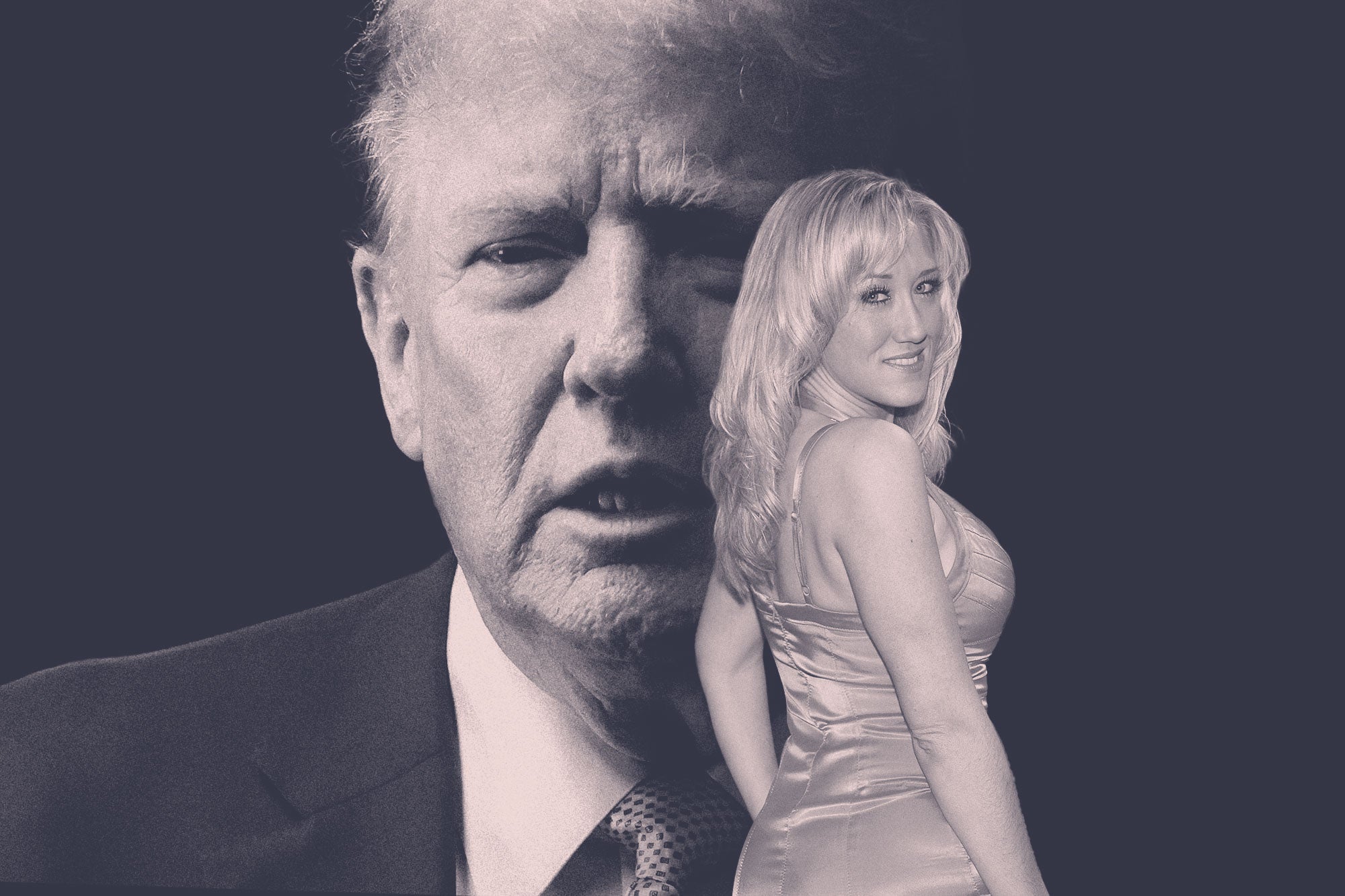 Alana Evans in an evening dress is superimposed over a giant Trump face.