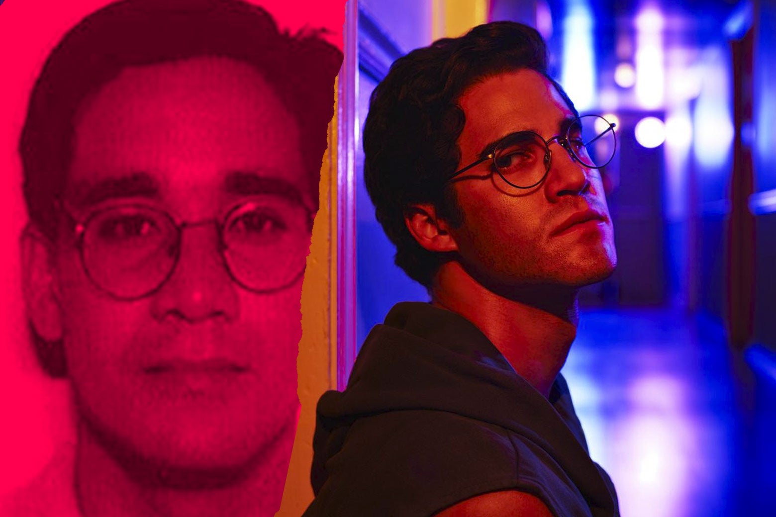 Andrew Cunanan, left, and Darren Criss as Andrew Cunanan in American Crime Story