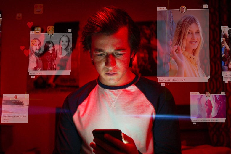 A teenage boy looks at his phone, surrounded by images from social media.