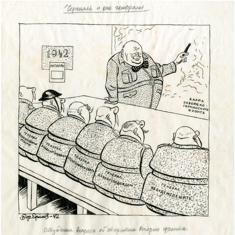 A cartoon depicting Churchill pointing to a map in front of a few Soviet soldiers in 1942
