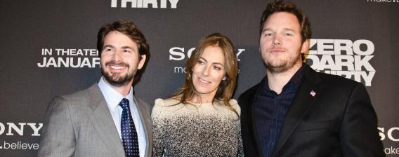 Mark Boal, Kathryn Bigelow, and Chris Pratt pose for photos at the Newseum during the Zero Dark Thirty Washington, D.C., premiere on Jan. 8, 2013
