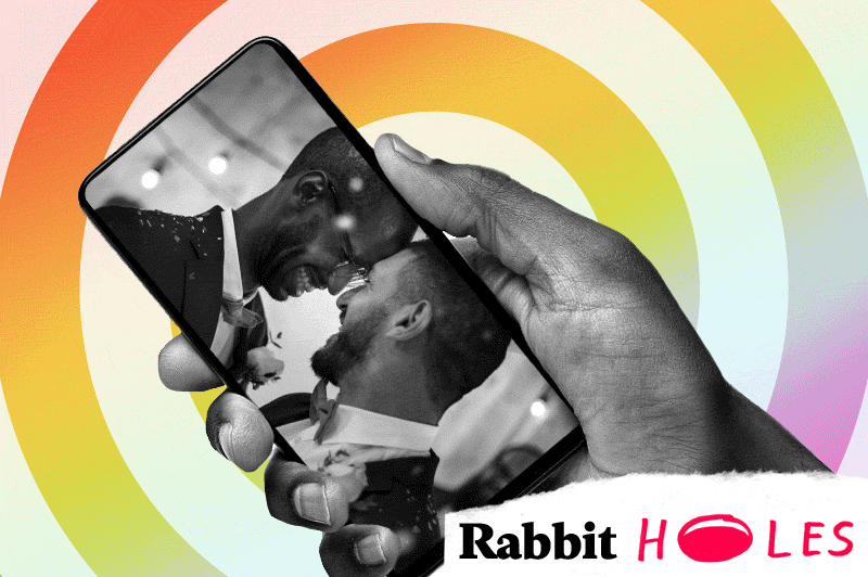 A hand holds a cellphone with a photo of two men getting married with a rainbow hypnotic spiral GIF in the background.