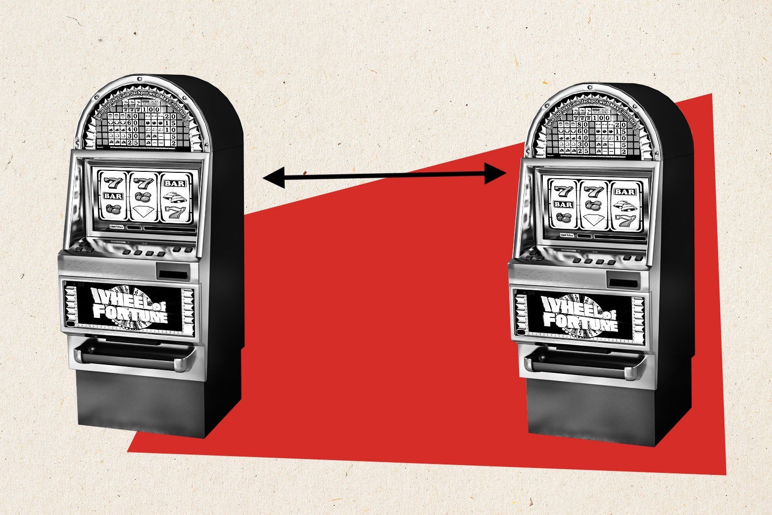 Two black-and-white slot machines on a red shape separated by an arrow.