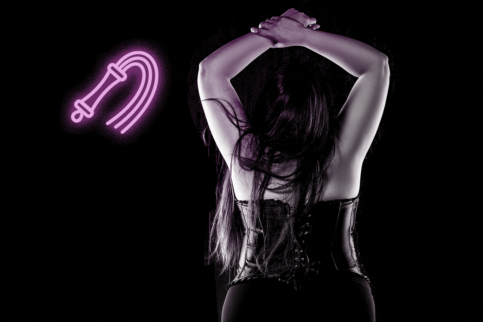Woman with her hands up wearing a lace-up corset. There is a whip emoji floating beside her.