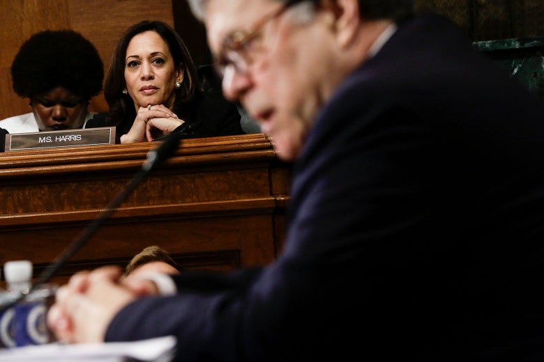 Sen. Kamala Harris listens to Attorney General William Barr's testimony on May 1 in Washington.