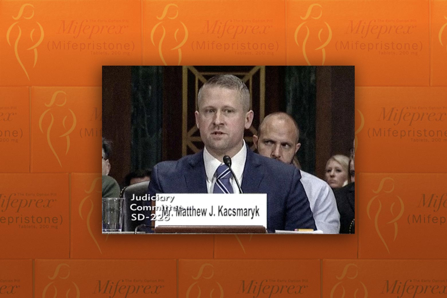 Judge Kacsmaryk, over an orange background of mifepristone.
