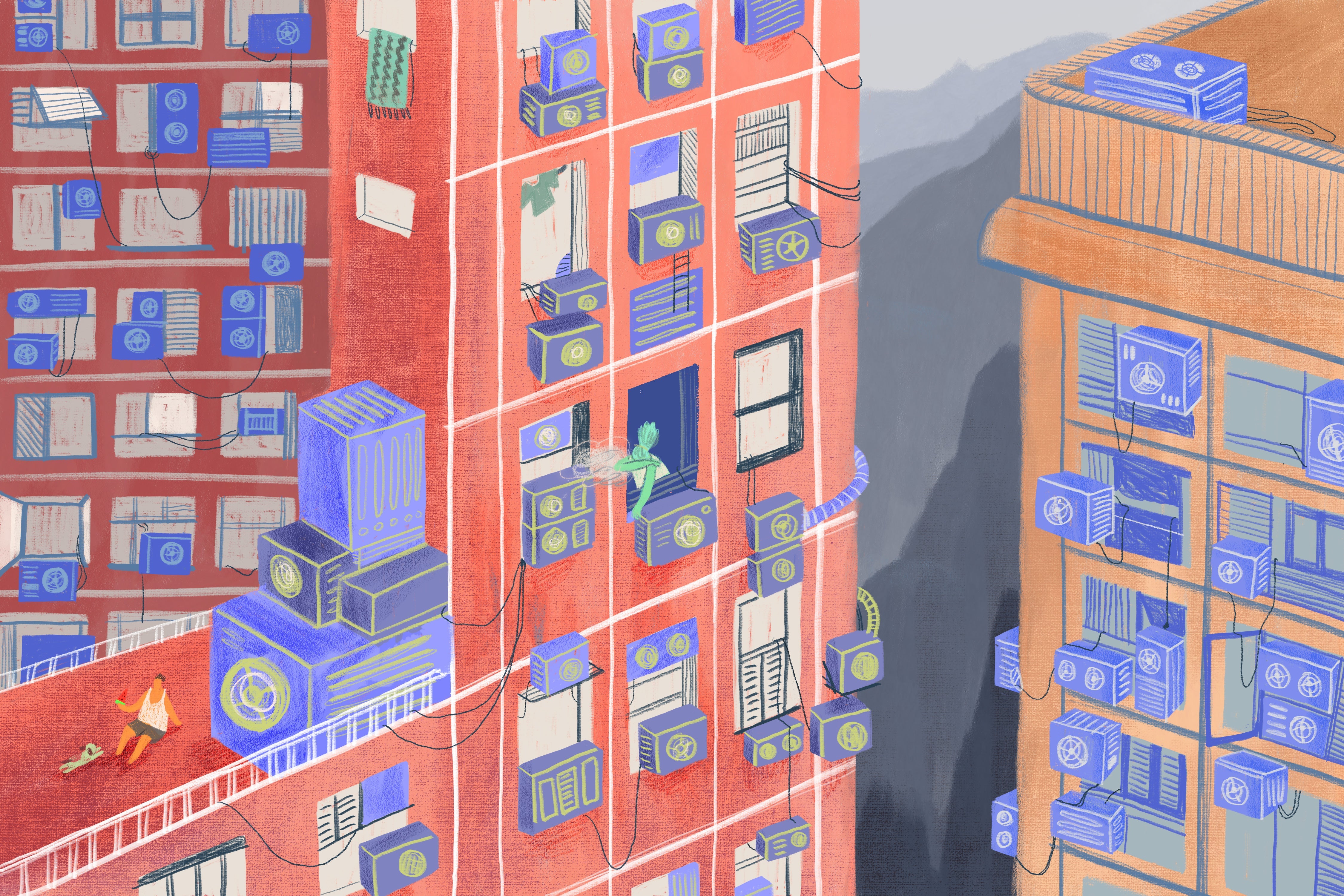 Apartment buildings with windows stuffed with air conditioners