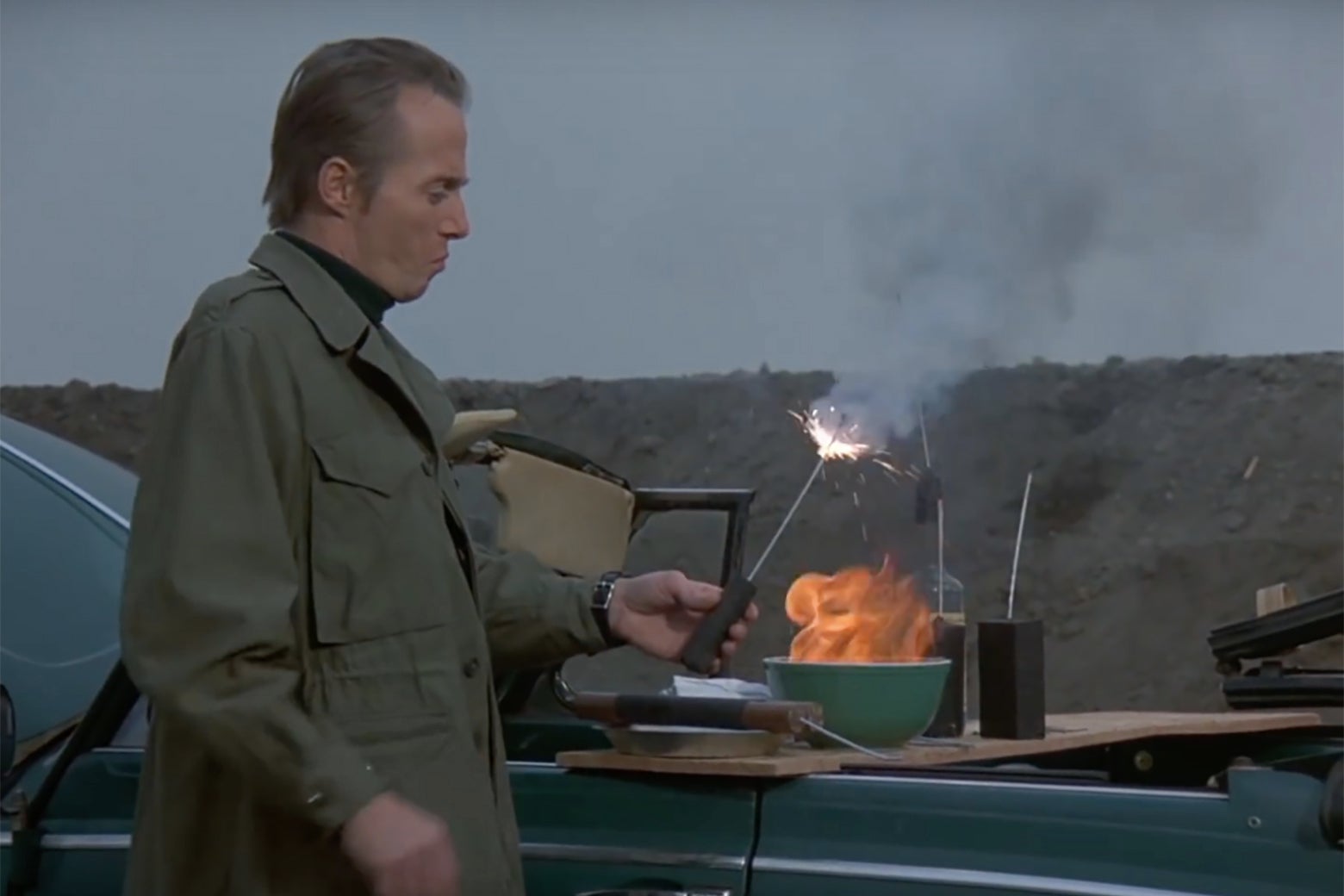 A man in a trench coat holds a cartoonish dynamite prop. He is lighting the fuse from flames that rise from a green mixing bowl, which is next to several other bombs.