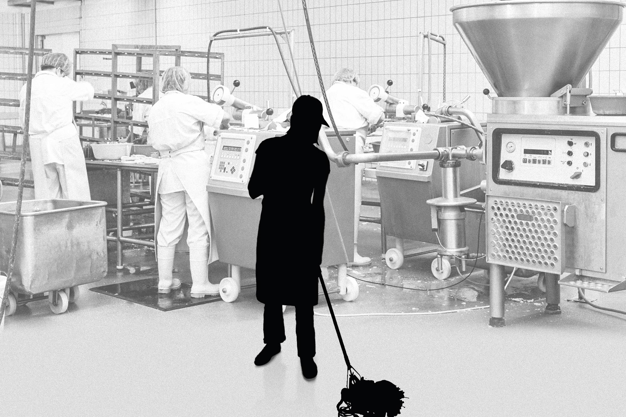 A contemporary child mopping is superimposed over a historic black and white photo of a food processing factory. 