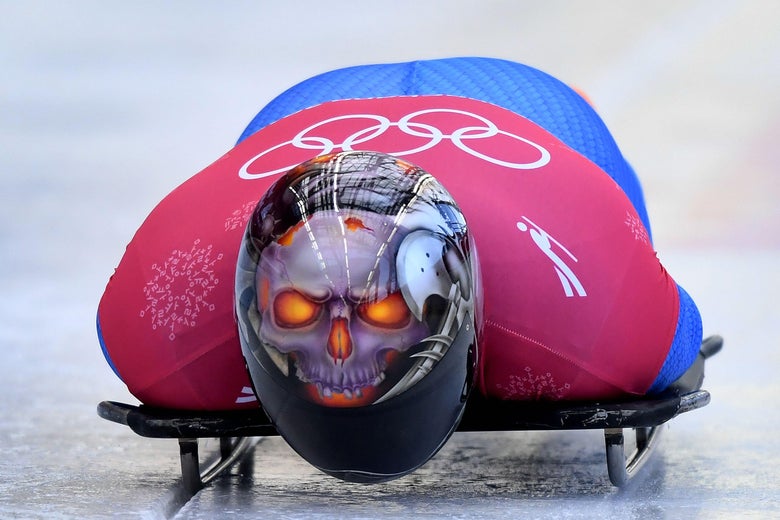 TOPSHOT - Joseph Luke Cecchini of Italy starts his men's skeleton training session at the Olympic Sliding Centre, during the Pyeongchang 2018 Winter Olympic Games in Pyeongchang, South Korea on February 12, 2018.

 / AFP PHOTO / Mark Ralston        (Photo credit should read MARK RALSTON/AFP/Getty Images)