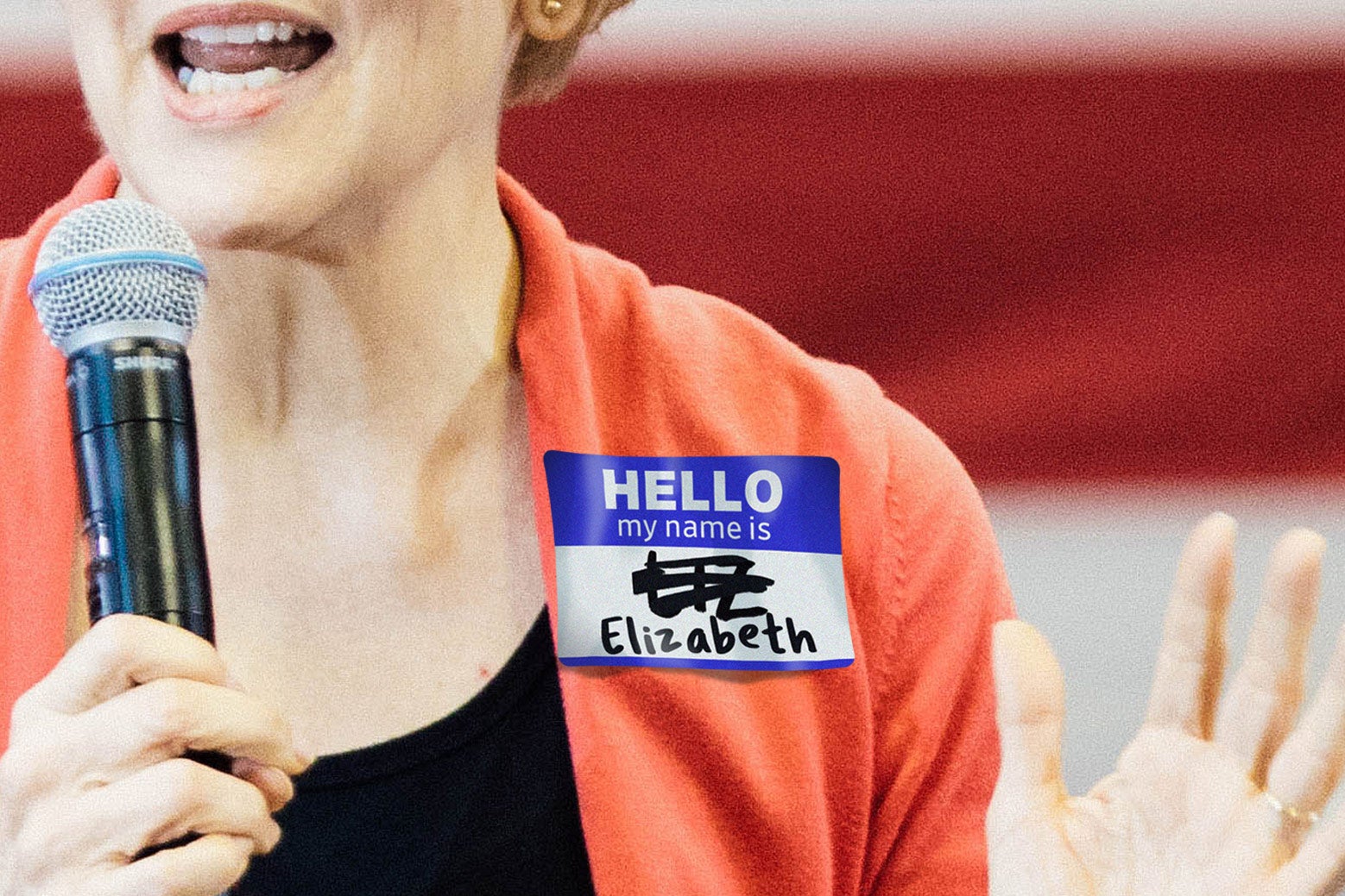 Photo illustration of Elizabeth Warren wearing a name tag with "Liz" crossed out. 