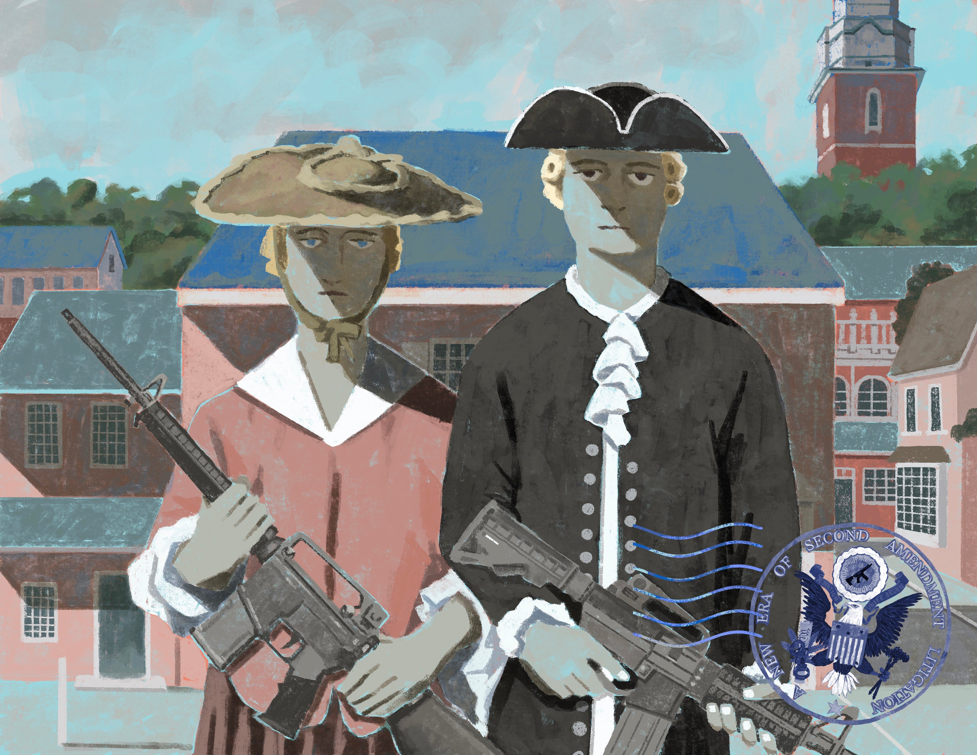 A cartoon man and woman in 1700s garb holding automatic weapons.