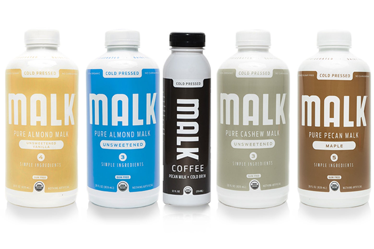 Five different varieties of Malk brand beverages.
