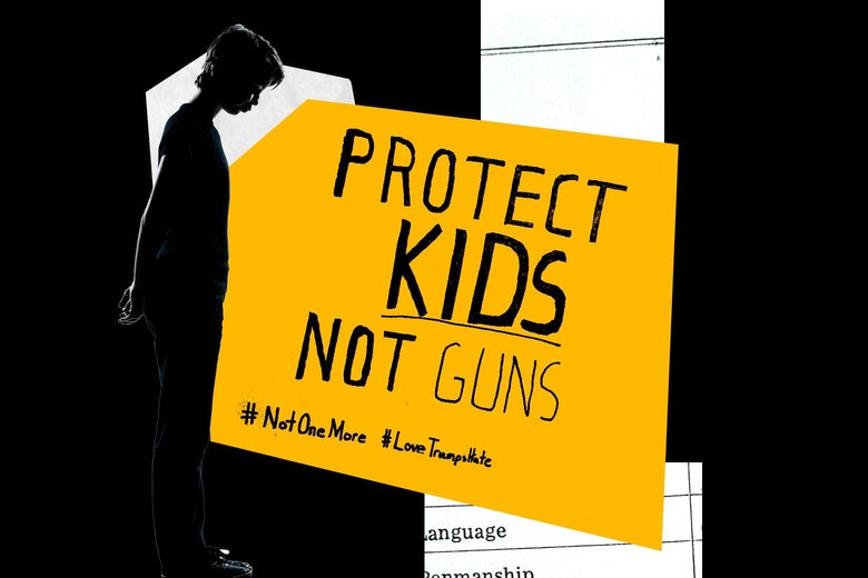 A silhouette of a boy looking down at his feet, alongside a poster to end gun violence in schools.