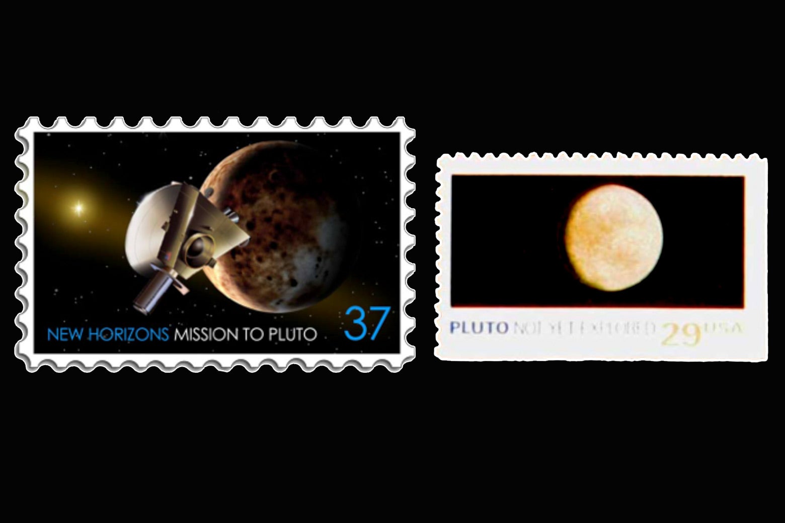 Two U.S. postage stamps included as cargo on New Horizons.