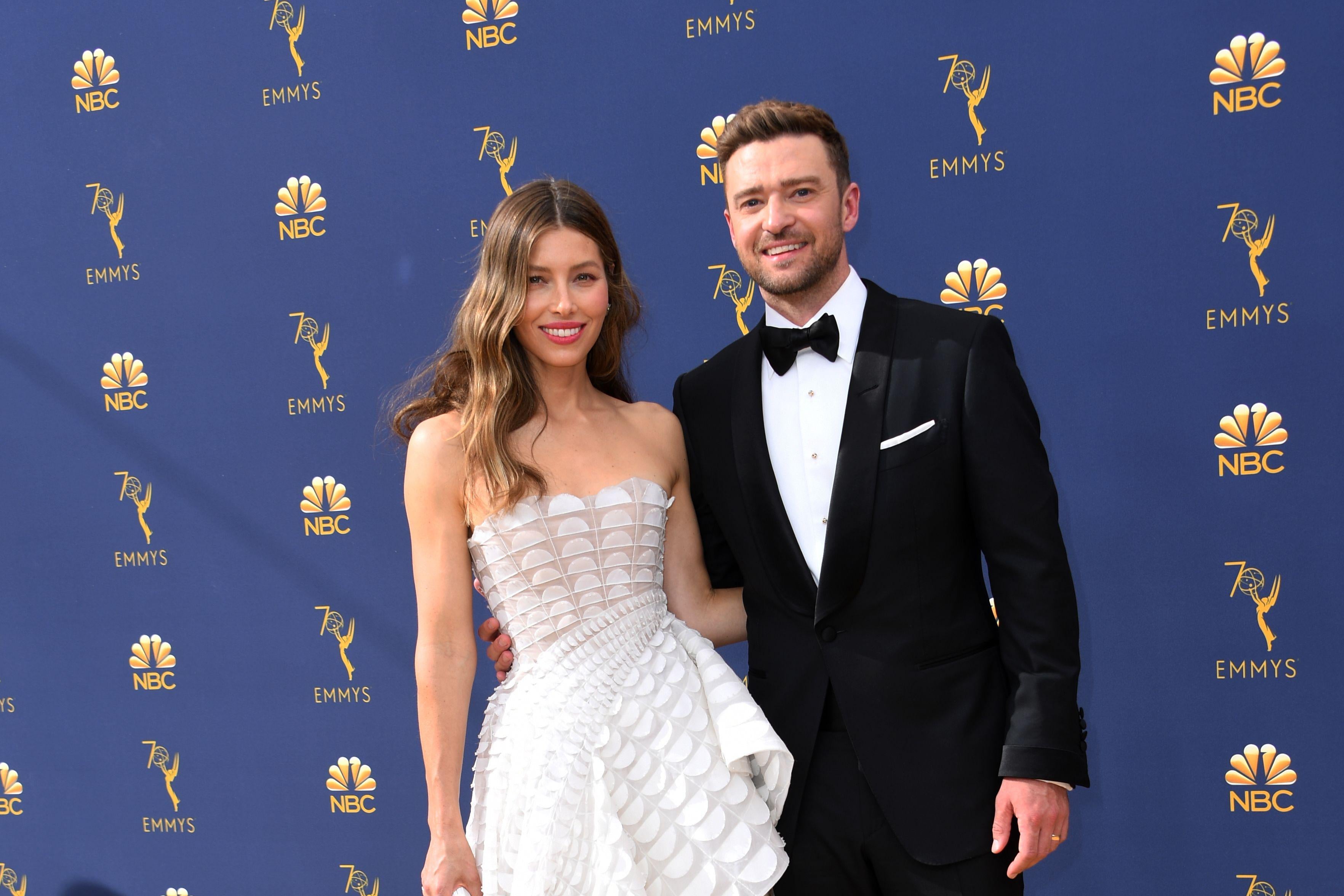 Jessica Biel and husband Justin Timberlake arrive for the 70th Emmy Awards.
