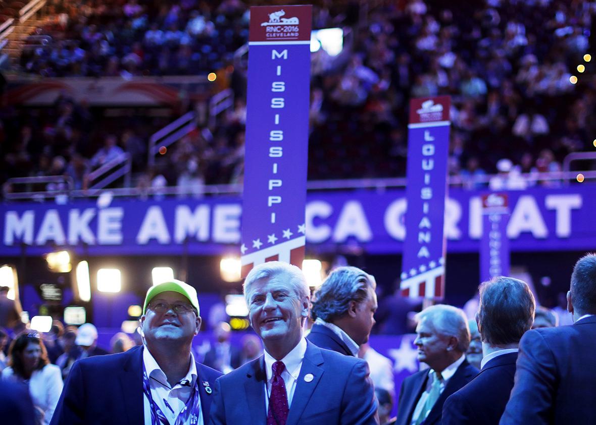 Mississipi Gov. Phil Bryant appears on the floor during the first day of the Republican National Convention on July 18, 2016 at the Quicken Loans Arena in Cleveland, Ohio. 
