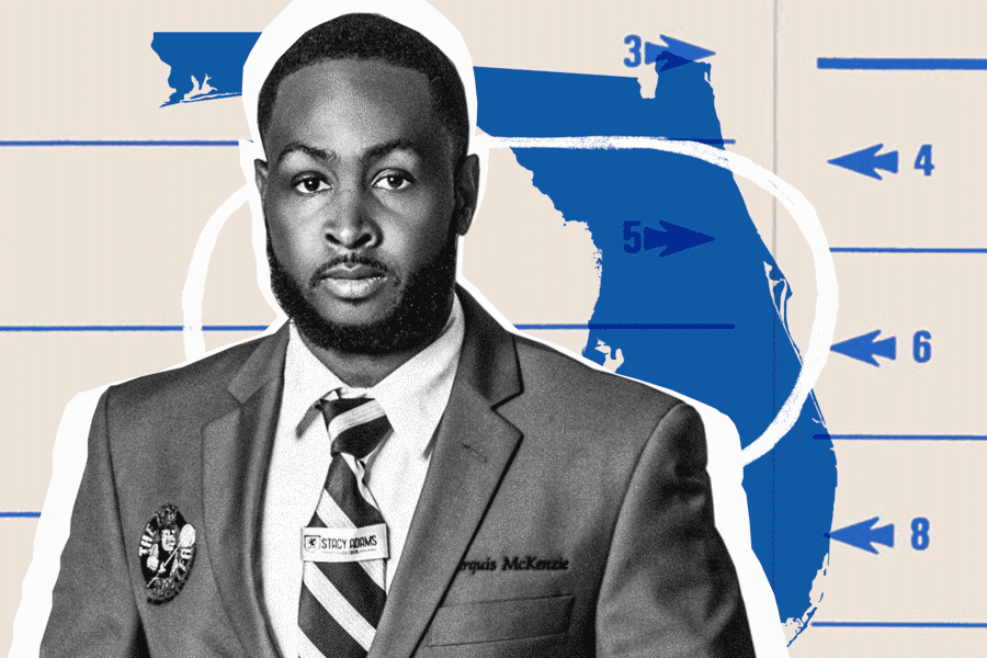 Collage of Marquis McKenzie over a map of Florida and animation of a bubble being filled in on a ballot.