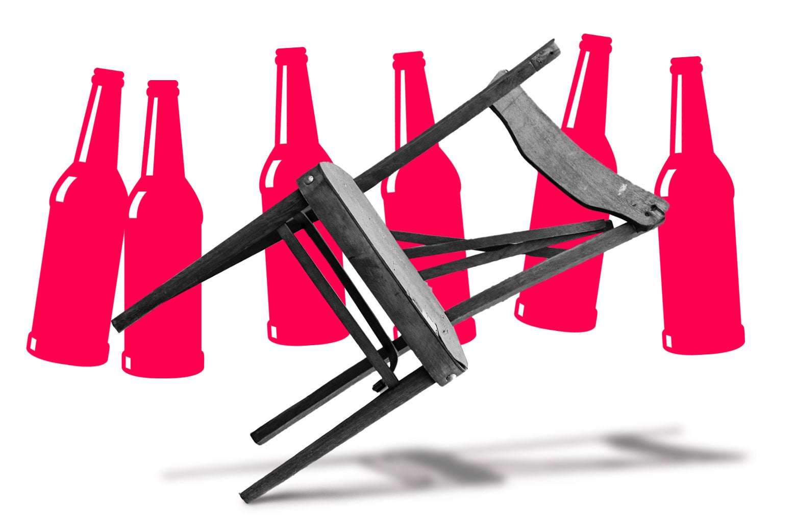 Graphics of beer bottles and a broken chair.