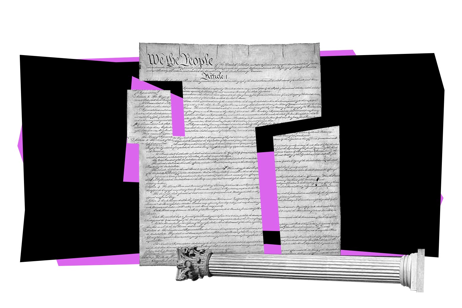 A collapsed column below a cut-up copy of the Constitution. 