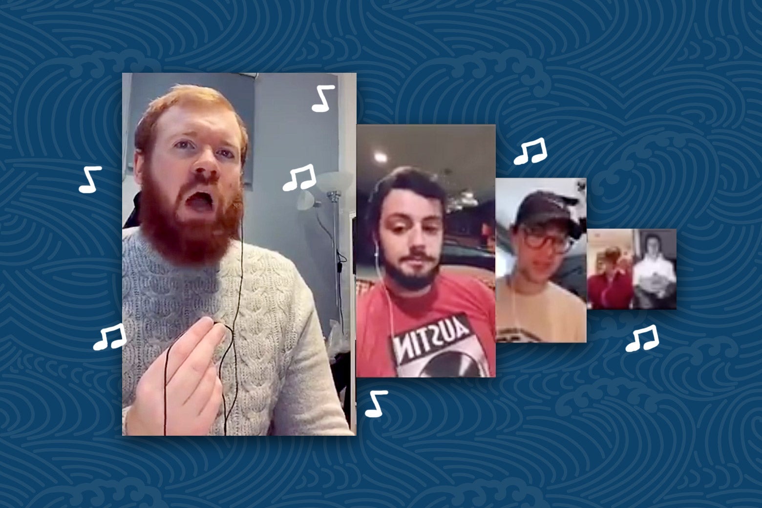 Screenshots of TikTokers singing shanties, surrounded by eighth notes.