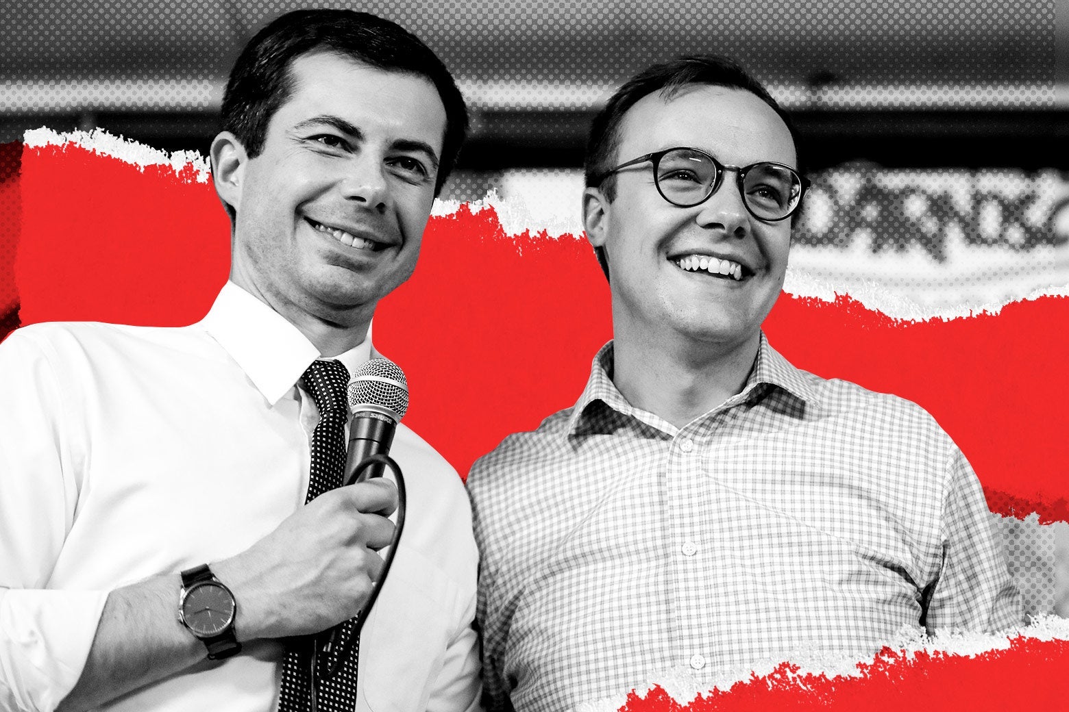 Pete Buttigieg smiles while holding a microphone with Chasten smiling beside him.