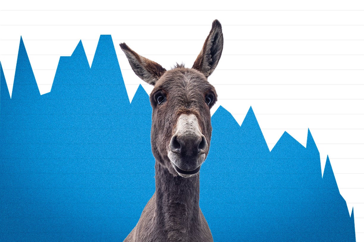 A donkey has a blue line graph behind him that is going very downhill.