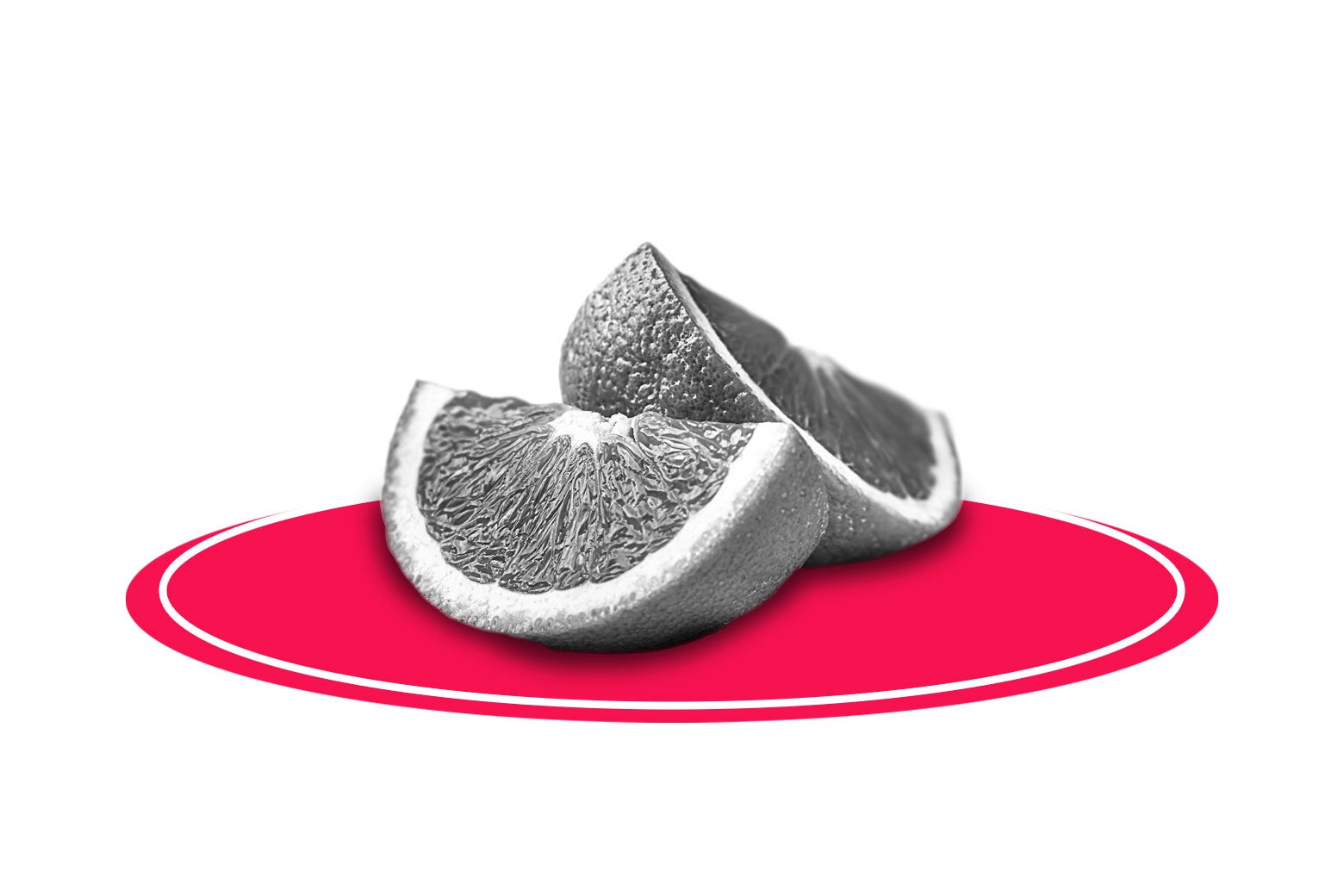 Two slices of orange on an illustrated red plate.