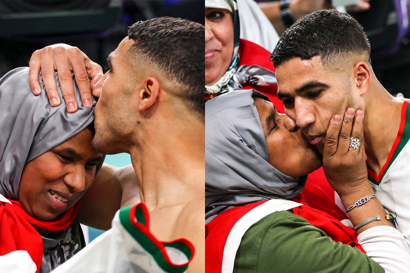 Un collage de deux images, de LR : Achraf Hakimi embrasse le front de sa mère et prend sa tête avec sa main.  La mère d'Achraf Hakimi tient son visage et l'embrasse sur la joue.