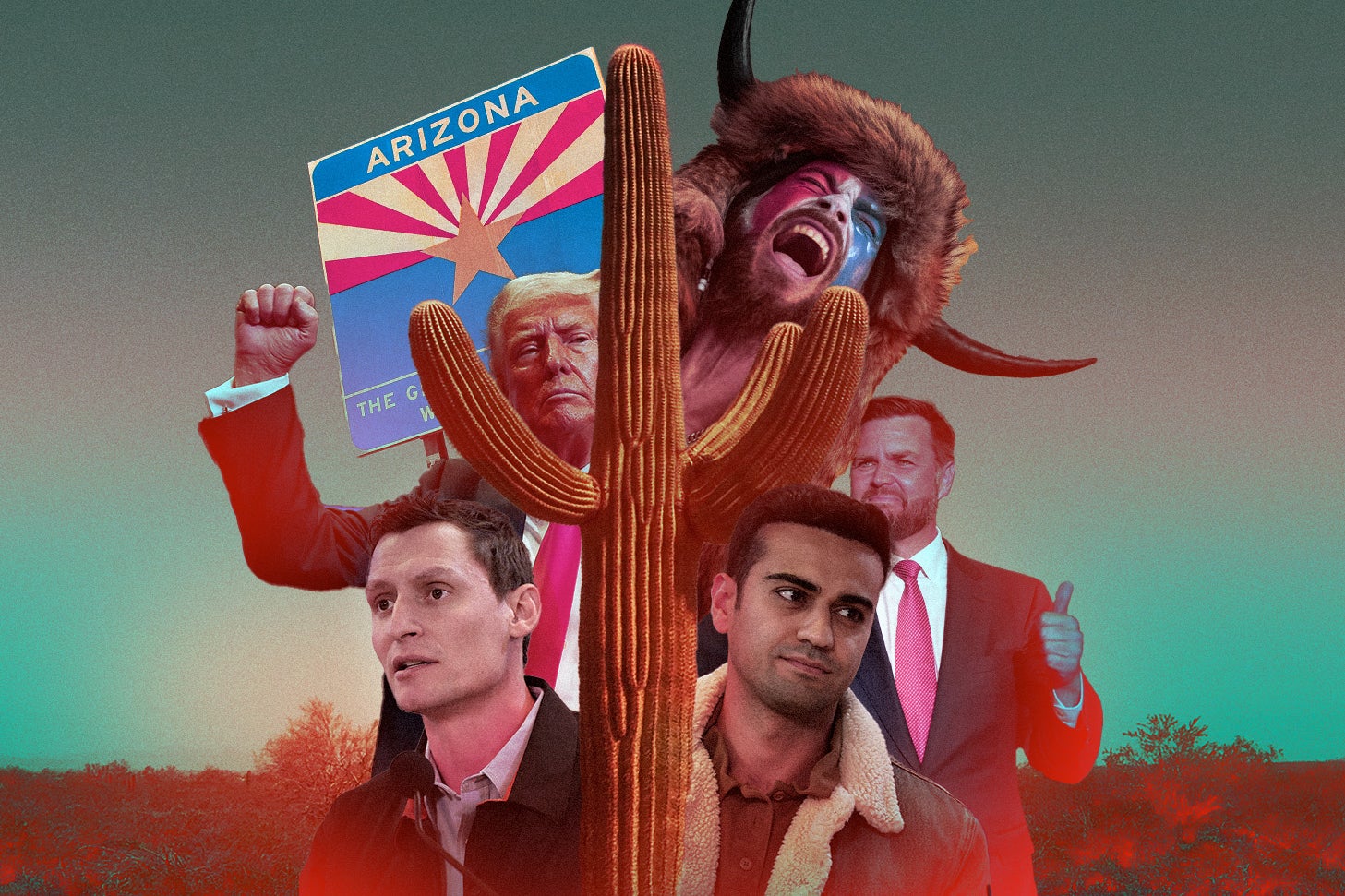 MAGA personalities Trump, the QAnon Shaman, J.D. Vance, and Arizona Congressional District 8 candidates Abe Hamadeh and Blake Masters in front of a cactus.