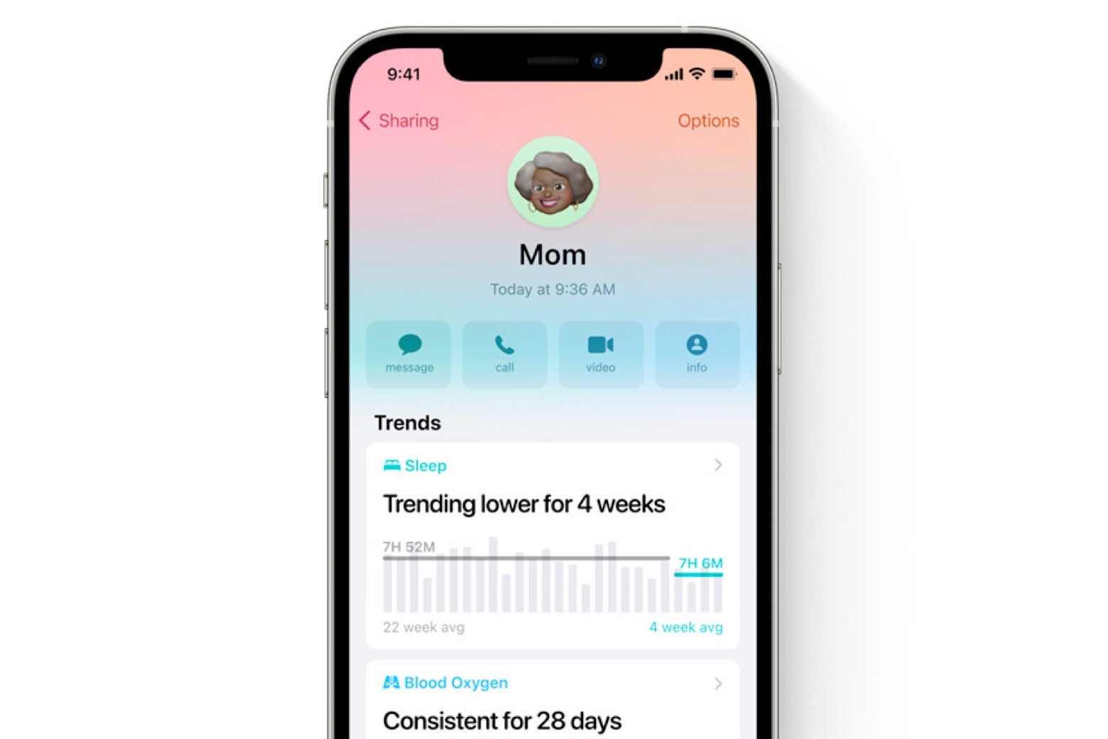An example of Apple's new health features in iOS: In this case, an example of the user's mom and her health statistics.