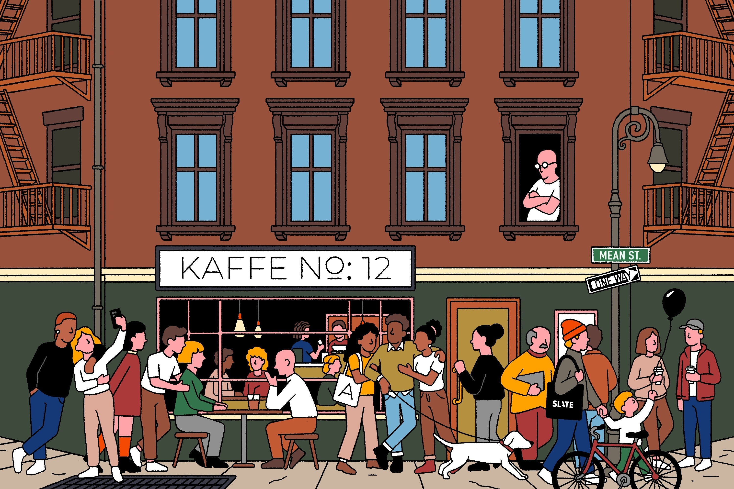 Illustration of people hanging out with friends in a city, outside a cafe.