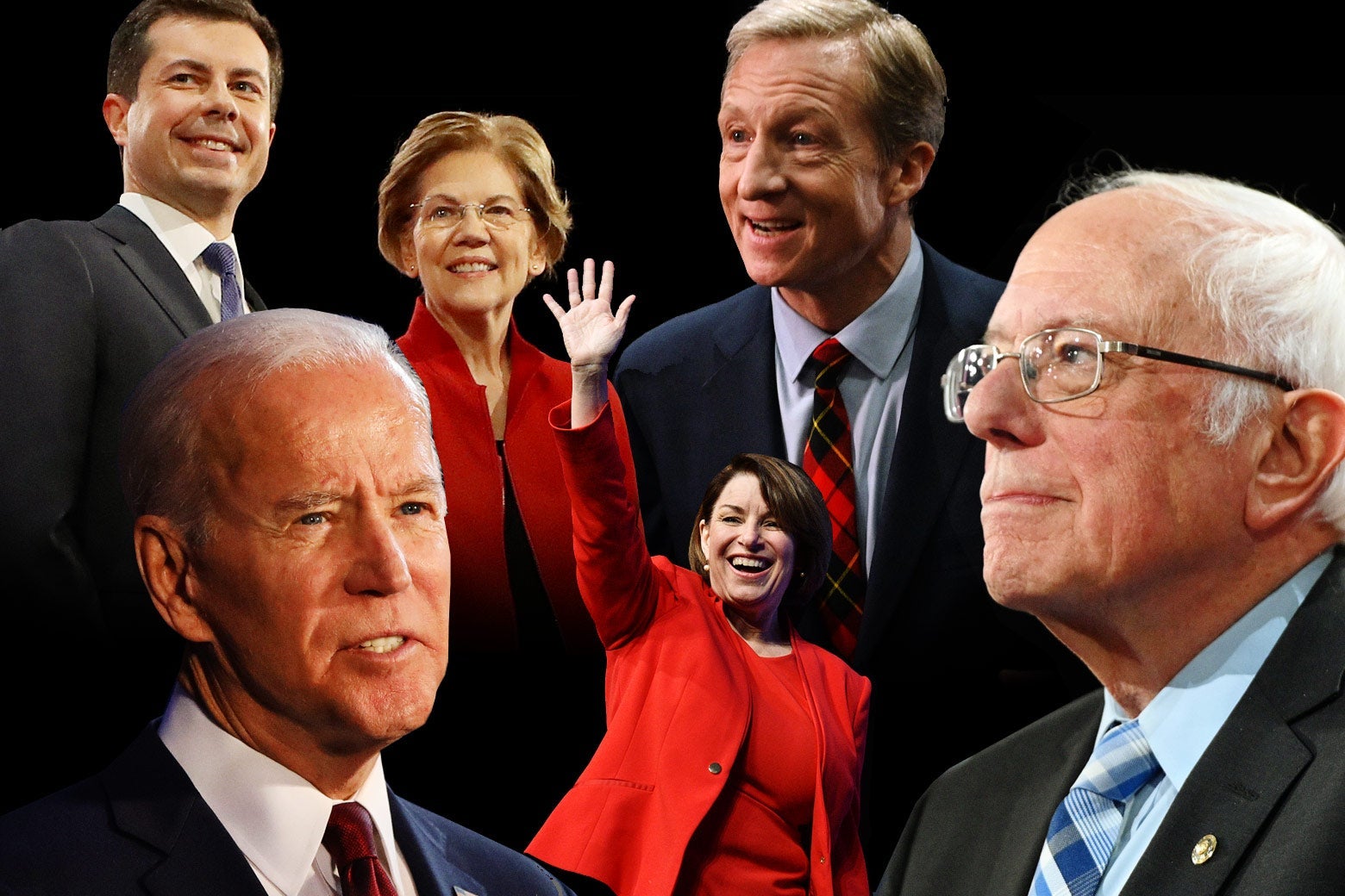A collage of candidates. Clockwise from top left: Pete Buttigieg, Elizabeth Warren, Tom Steyer, Bernie Sanders, Amy Klobuchar, and Joe Biden.