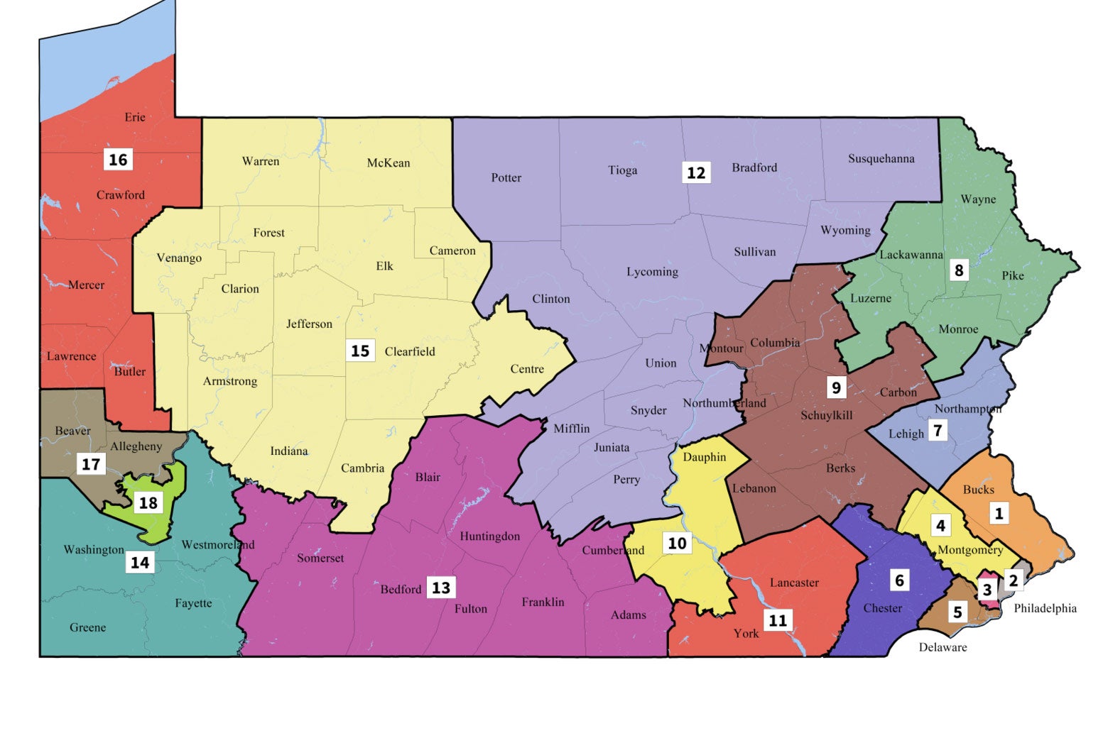 An image of new Pennsylvania congressional maps, with its 18 districts displayed in different colors.