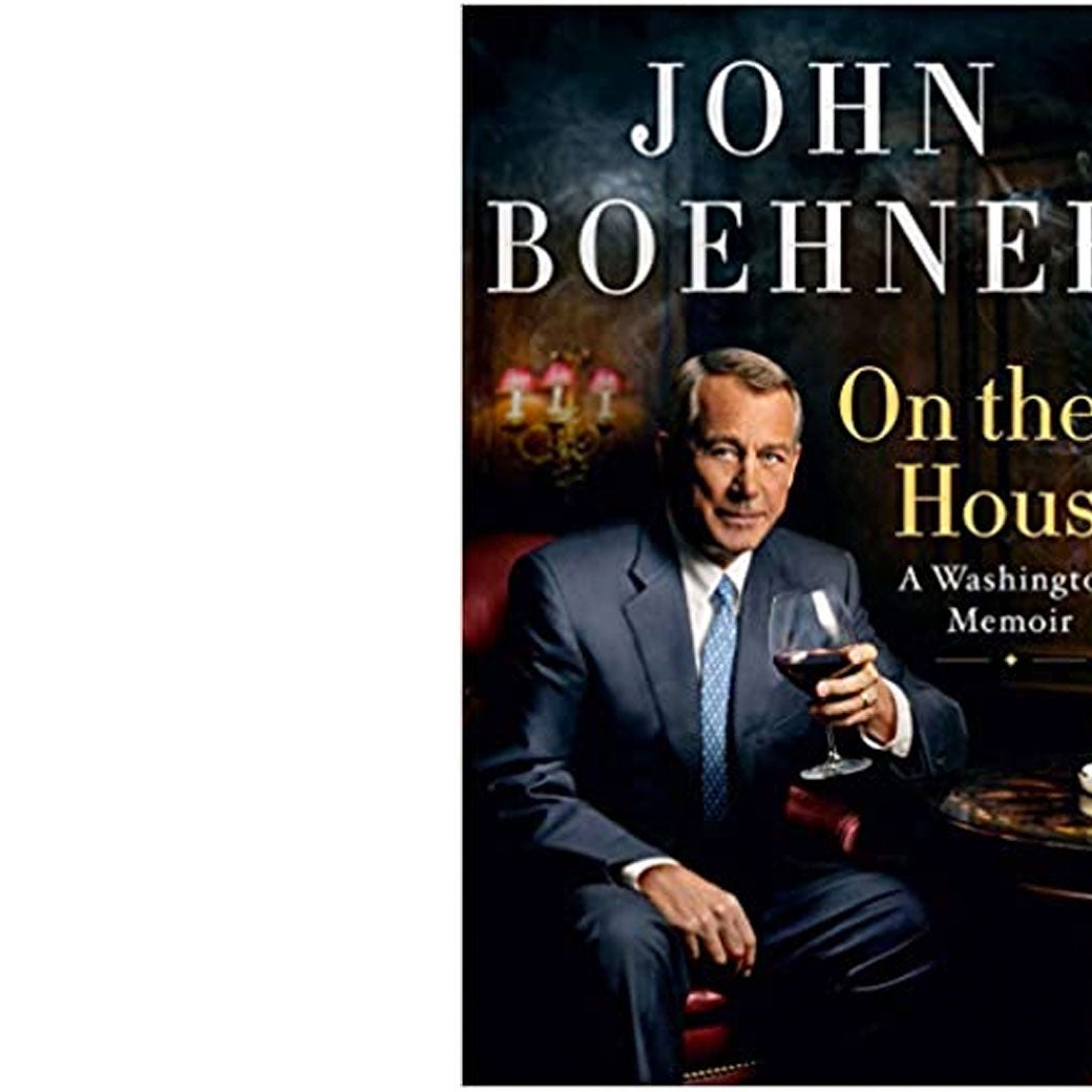 On the House book cover with John Boehner holding a glass of red wine in a dark, smoke-filled room