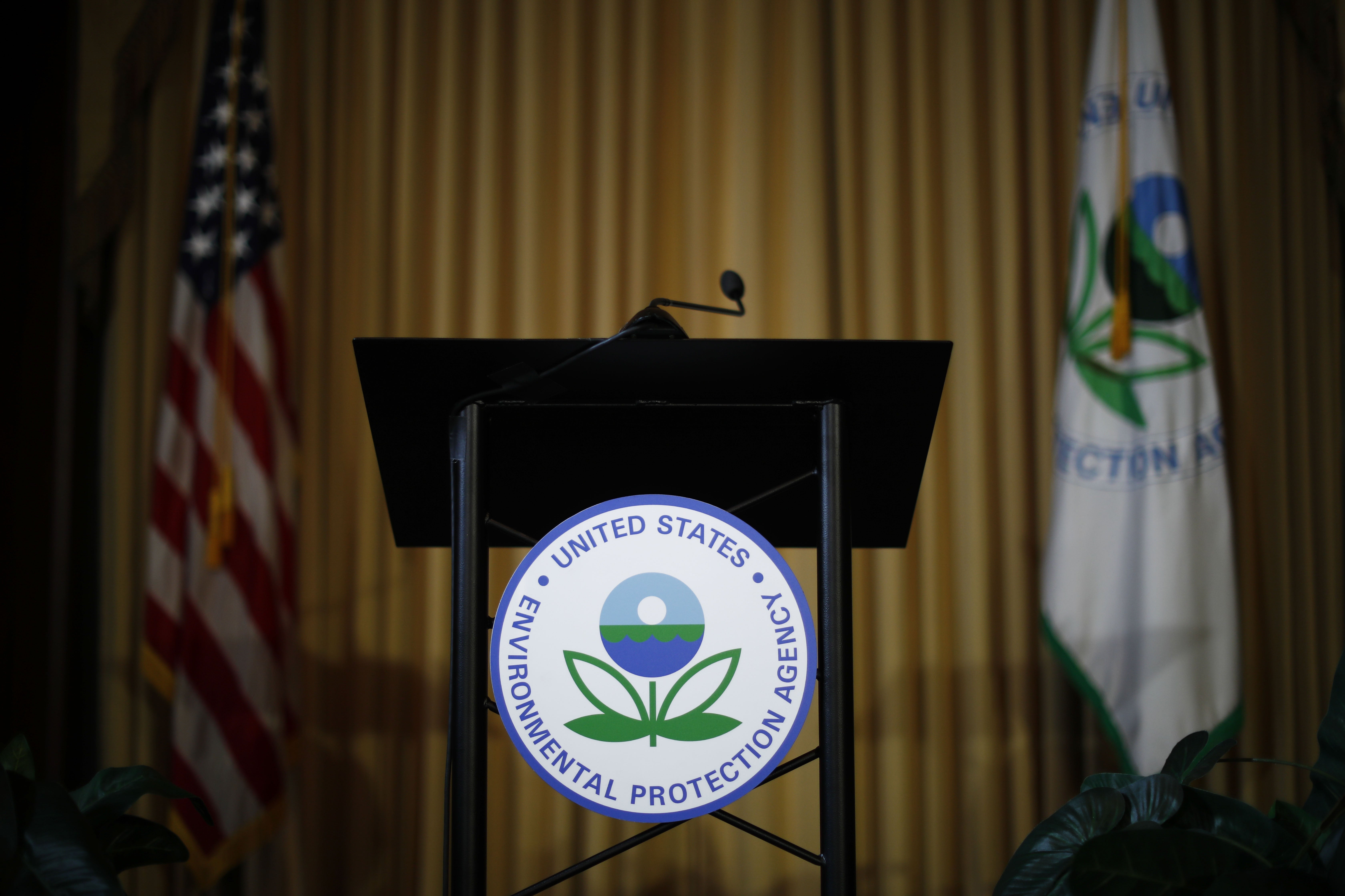 An empty podium at the EPA headquarters