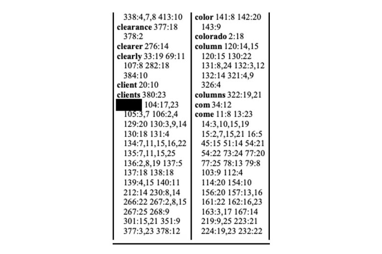 A page of the index from the Maxwell deposition.