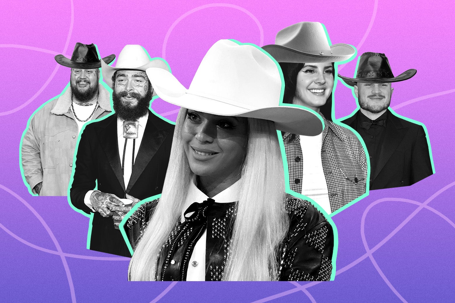 Collage of recent country stars, including Jelly Roll, Post Malone, Beyoncé, Lana Del Rey, and Zach Bryan.