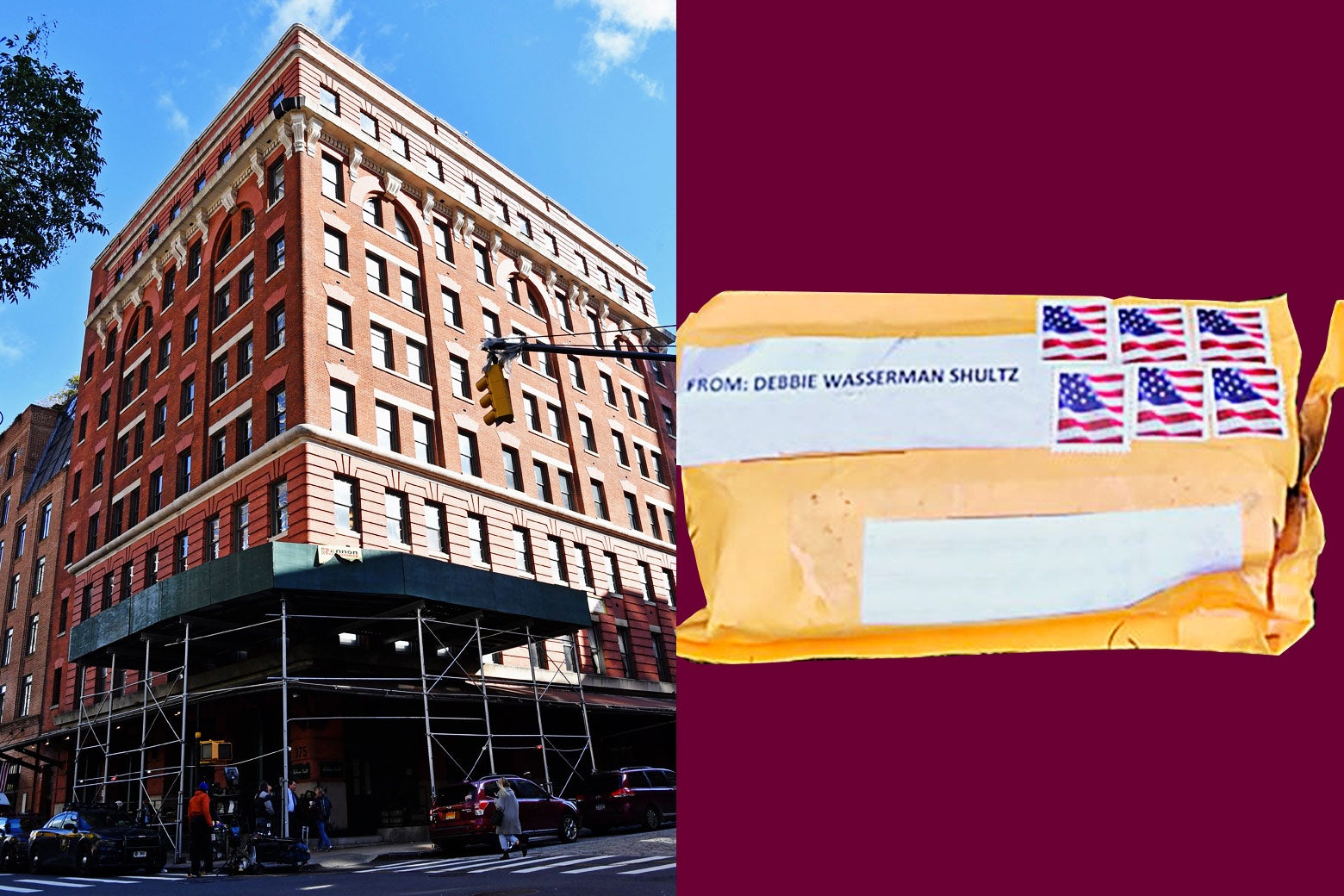 A view of the building that houses Tribeca Productions and Tribeca Grill owned by actor Robert De Niro on October 25, 2018 in New York City and an undated handout photo supplied by the Federal Bureau of Investigation (FBI), one of the package bombs that had been sent to many critics of President Donald Trump.