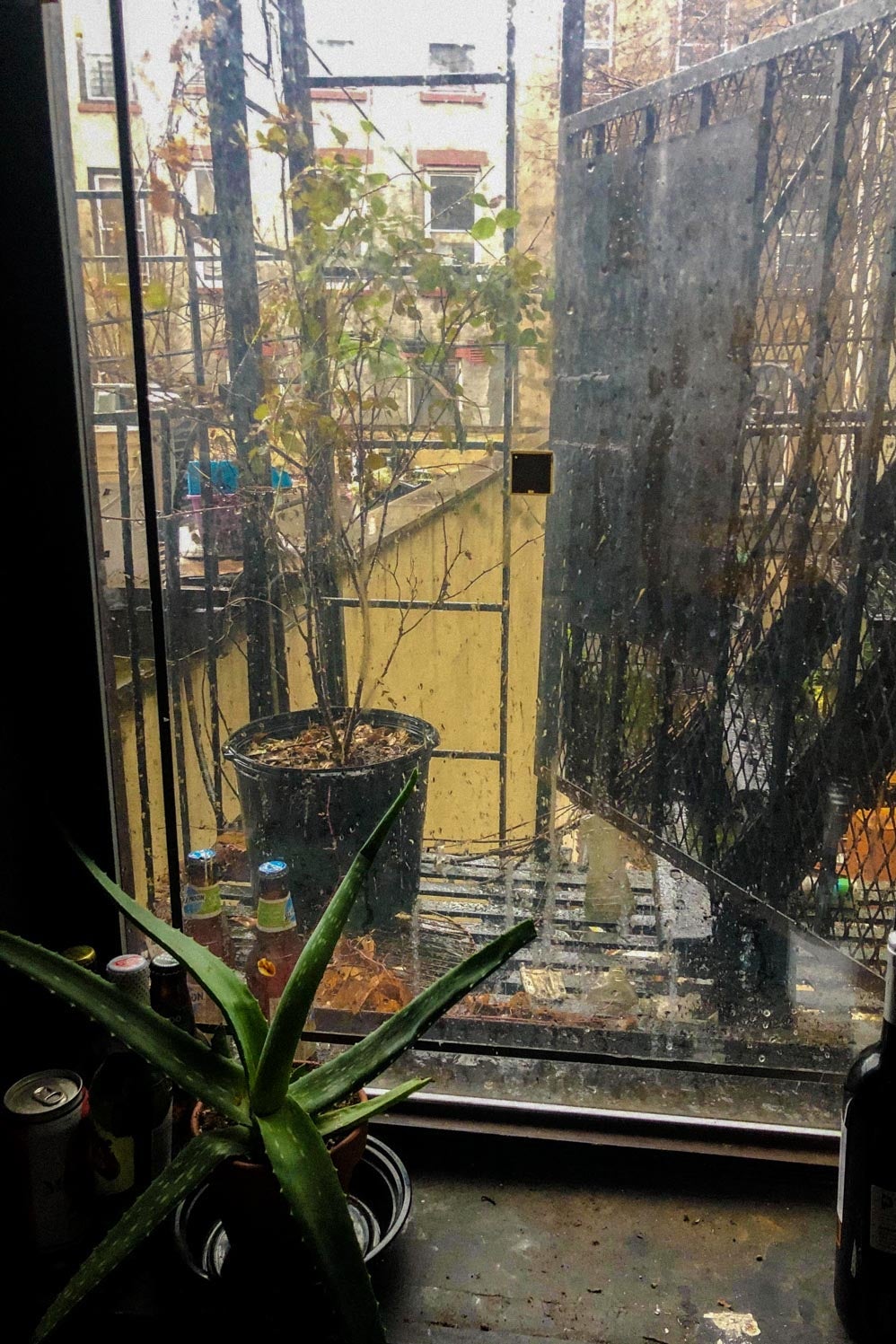 A window to a fire escape facing an ochre courtyard on a rainy day.