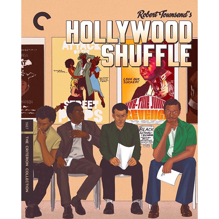 A DVD cover shows an illustration showing four nicely dressed Black men sitting down outside an audition with posters behind them with titles like "Attack of the Street Pimps"