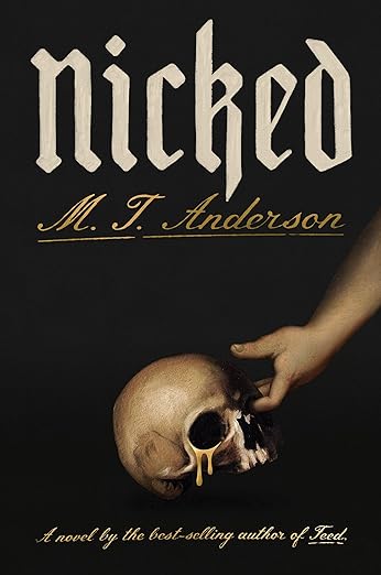 The cover of Nicked, which depicts a person picking up a skull over a black background.