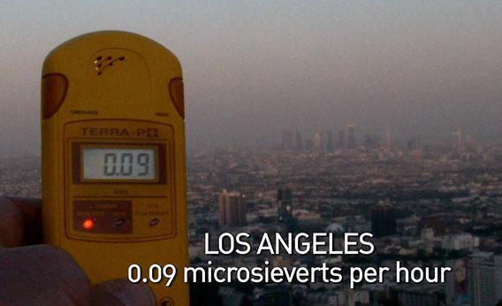 A geiger counter records the radiation level in Los Angeles in a scene from Pandora's Promise.